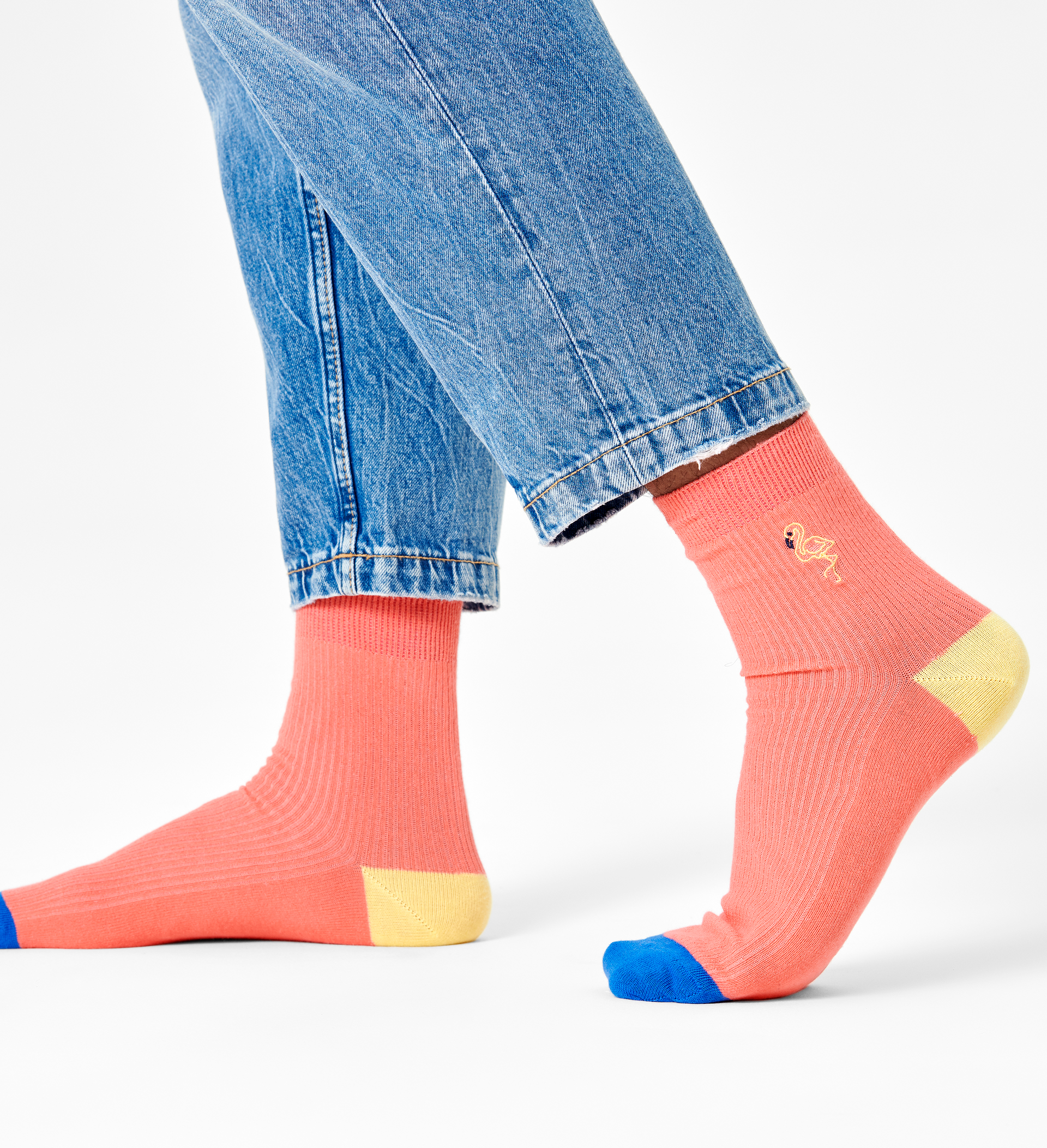 Ribbed Embroidery Flamingo 1/2 Crew Sock