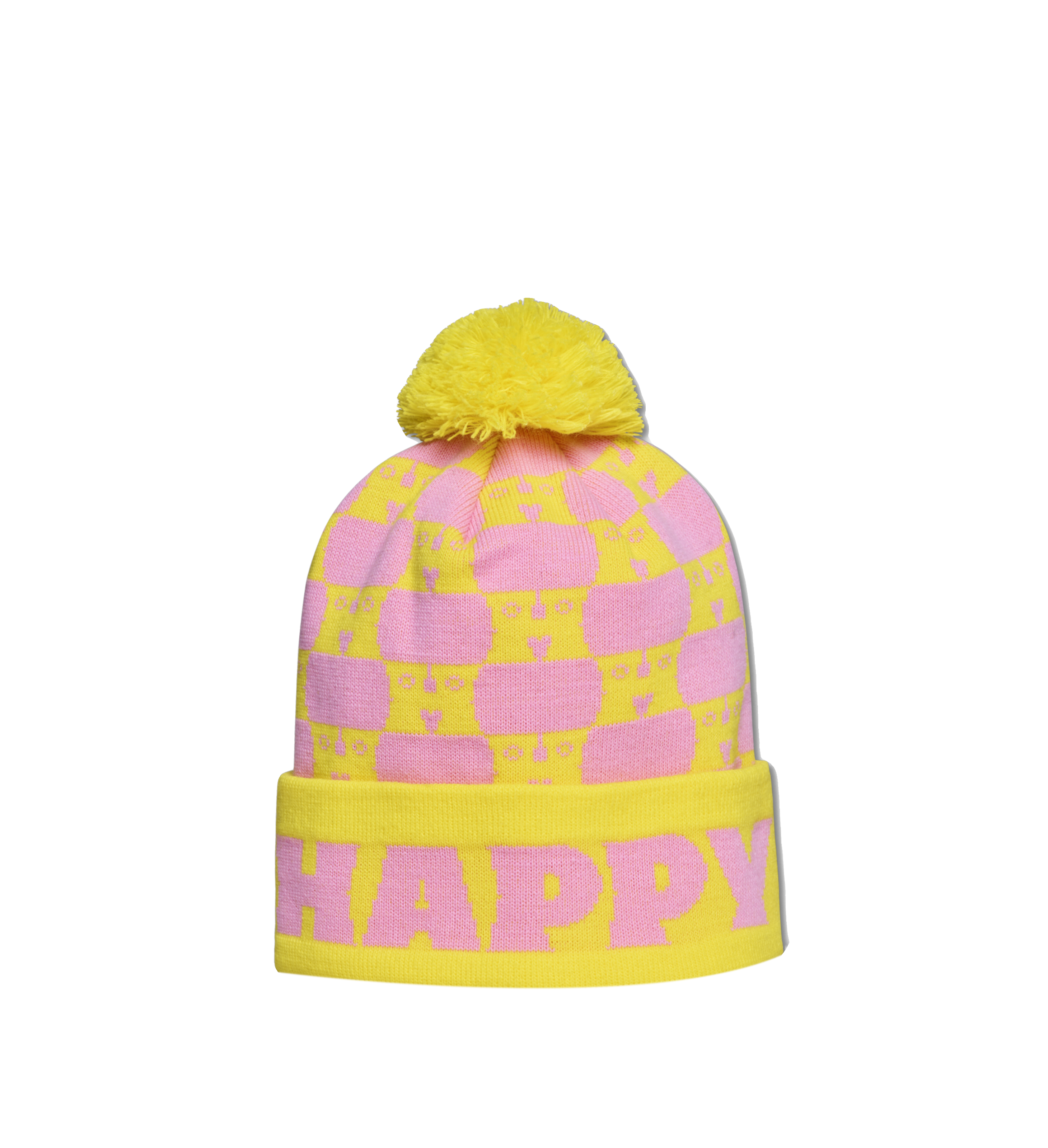 Yellow and Pink Mountain Beanie Pom Pom