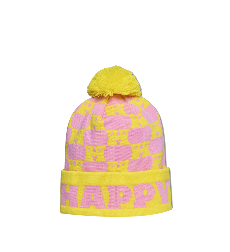 Yellow and Pink Mountain Beanie Pom Pom