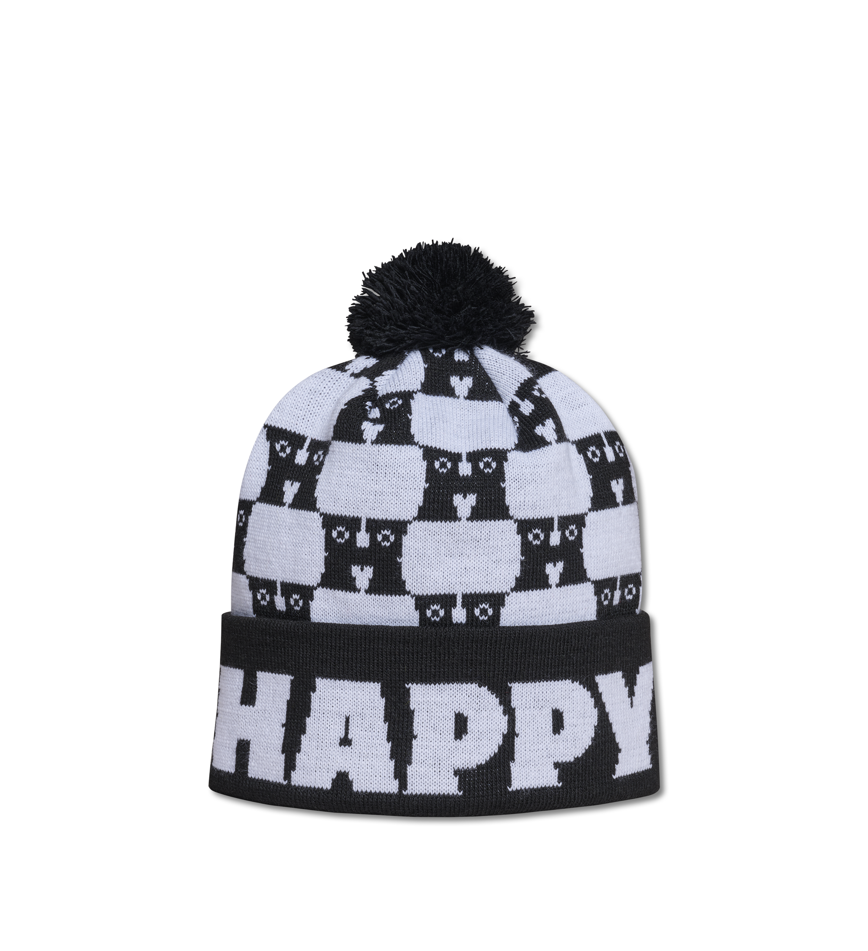 White and Black Mountain Beanie Pom Pom