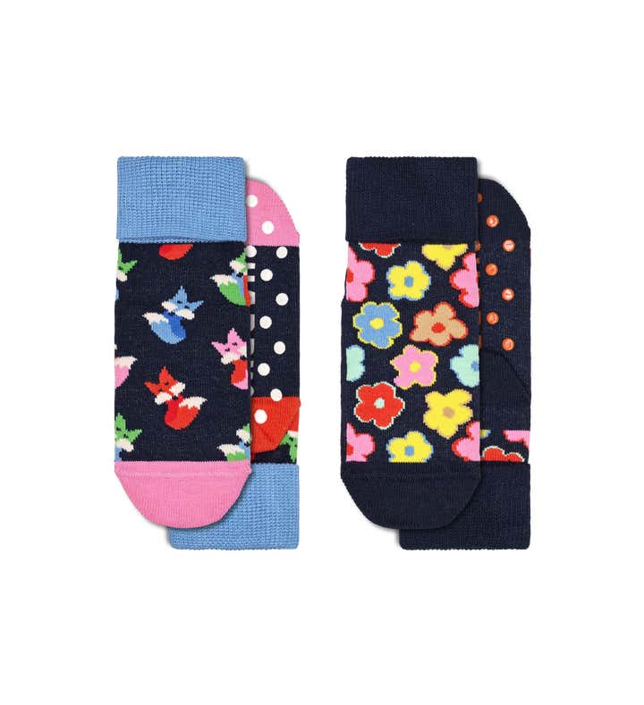 Kids Antislip 2-Pack Fox & Flower Socks 1