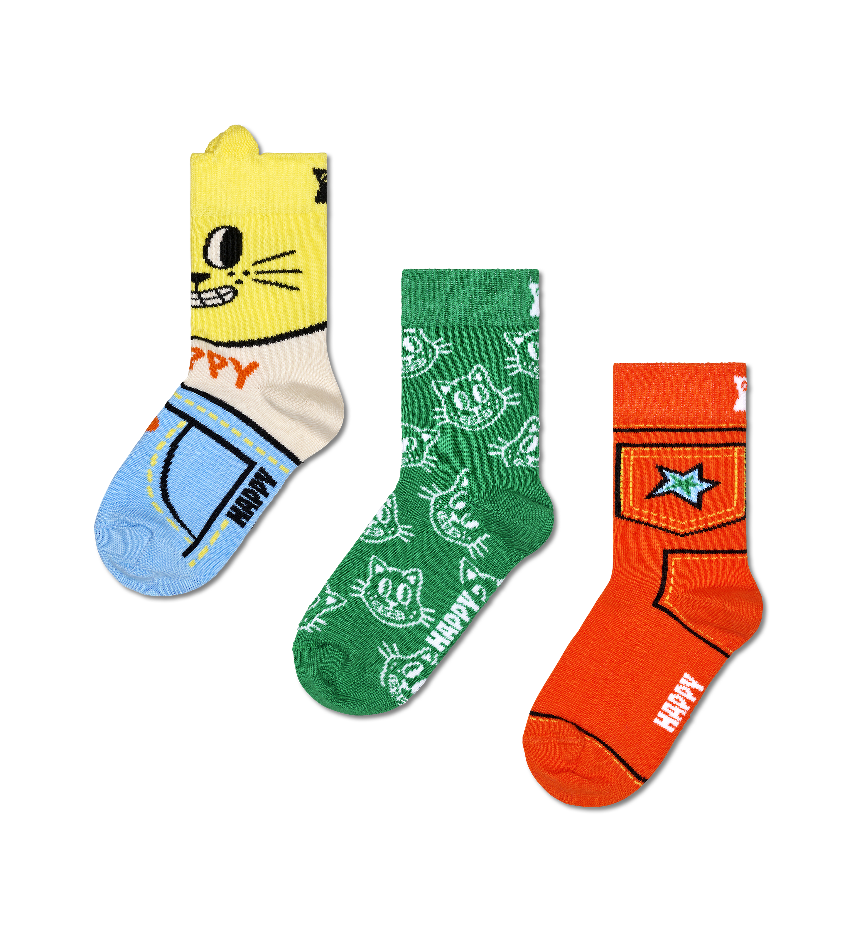 Yellow 3-Pack Cat Crew Socks