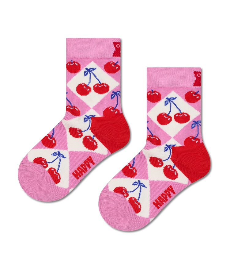 Kids Pink Cherry Argyle Crew Sock