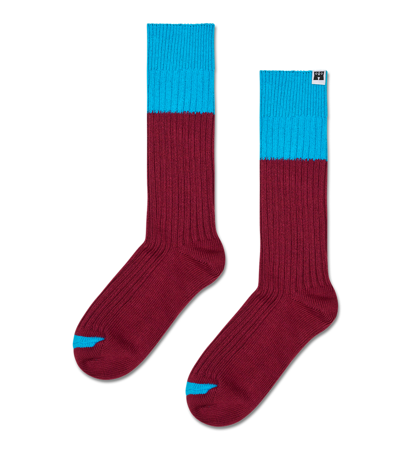 Red Ribbed Sock with Blue Cuff | Colorful & Chunky