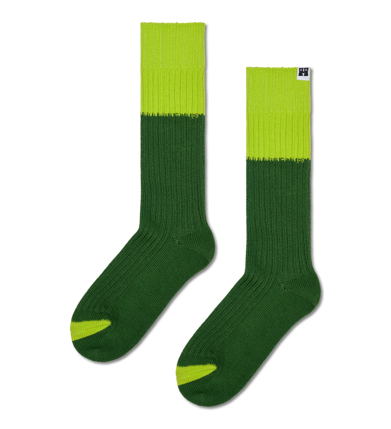 Green Ribbed Sock with Lime Cuff | Warm & Chunky