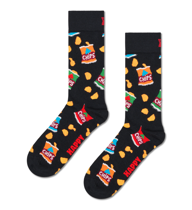 Black Funny Socks with Chip Bag Pattern