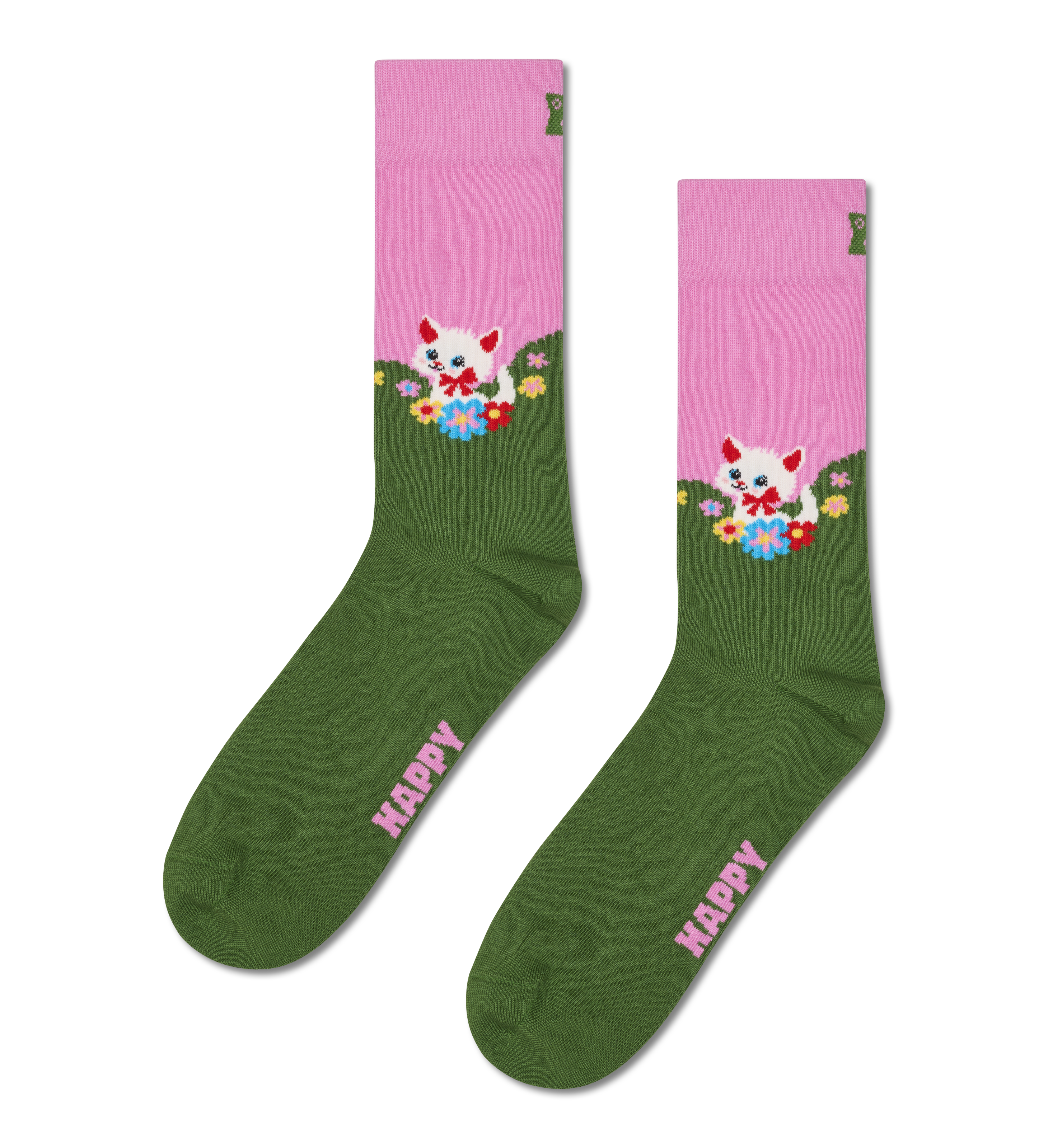 Green & Pink Kitten Flower Socks | Fun & Cute