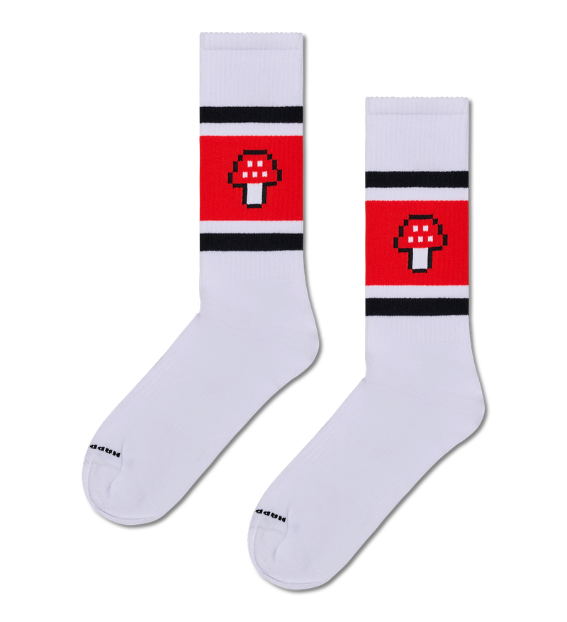White Sneaker Socks with Red Mushroom Stripe