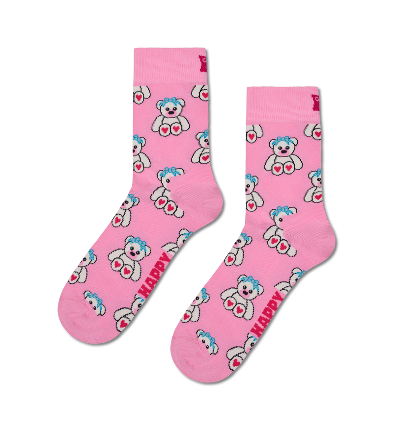 Pink Teddy Bear Print Short Crew Socks | Cute Novelty