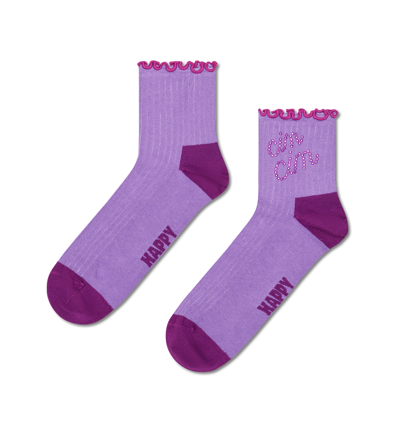 Purple Ruffle Crew Sock with Rhinestone