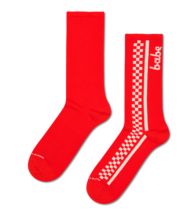 Red Checkered Sneaker Socks with Fun Babe Print