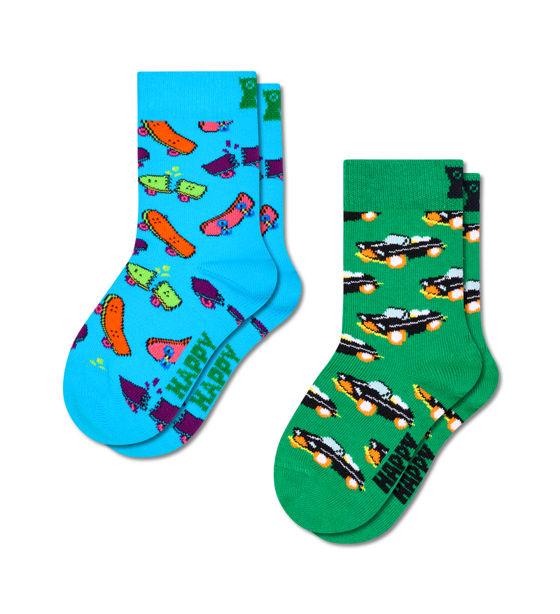 Kids' Funky Skater Socks 2-Pack | Skateboard & Car Print