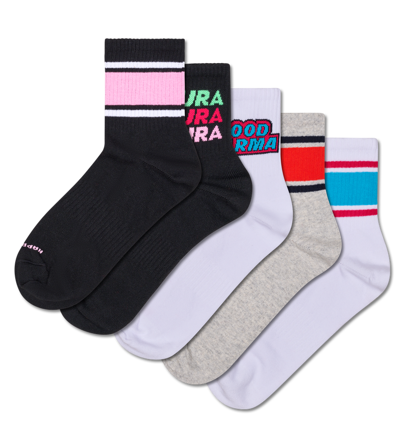 Black 5-Pack Simple Stripe 1/2 Crew Sneaker Sock