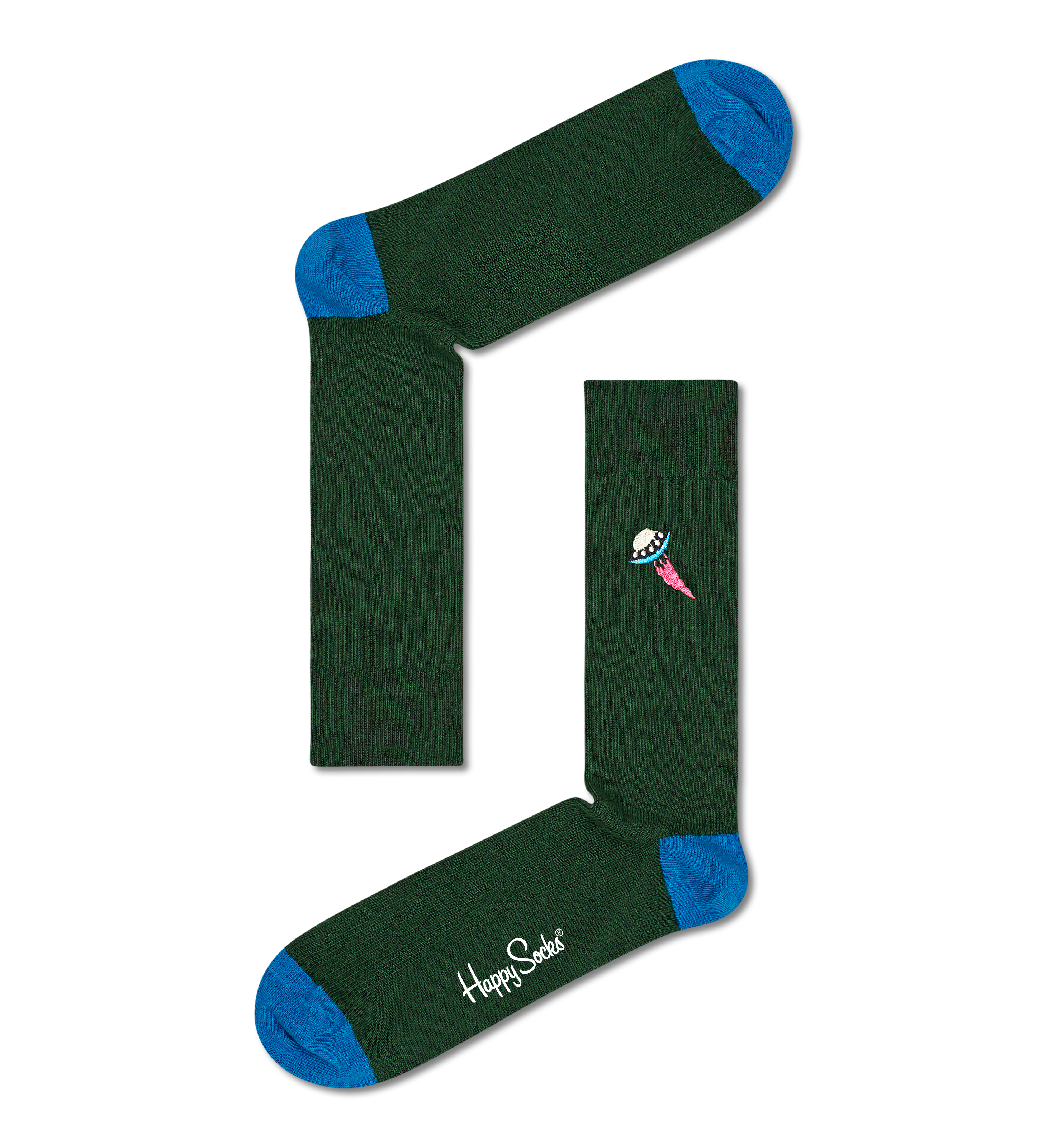 Dark Green Ribbed Embroidery Ufo Crew Sock | Happy Socks