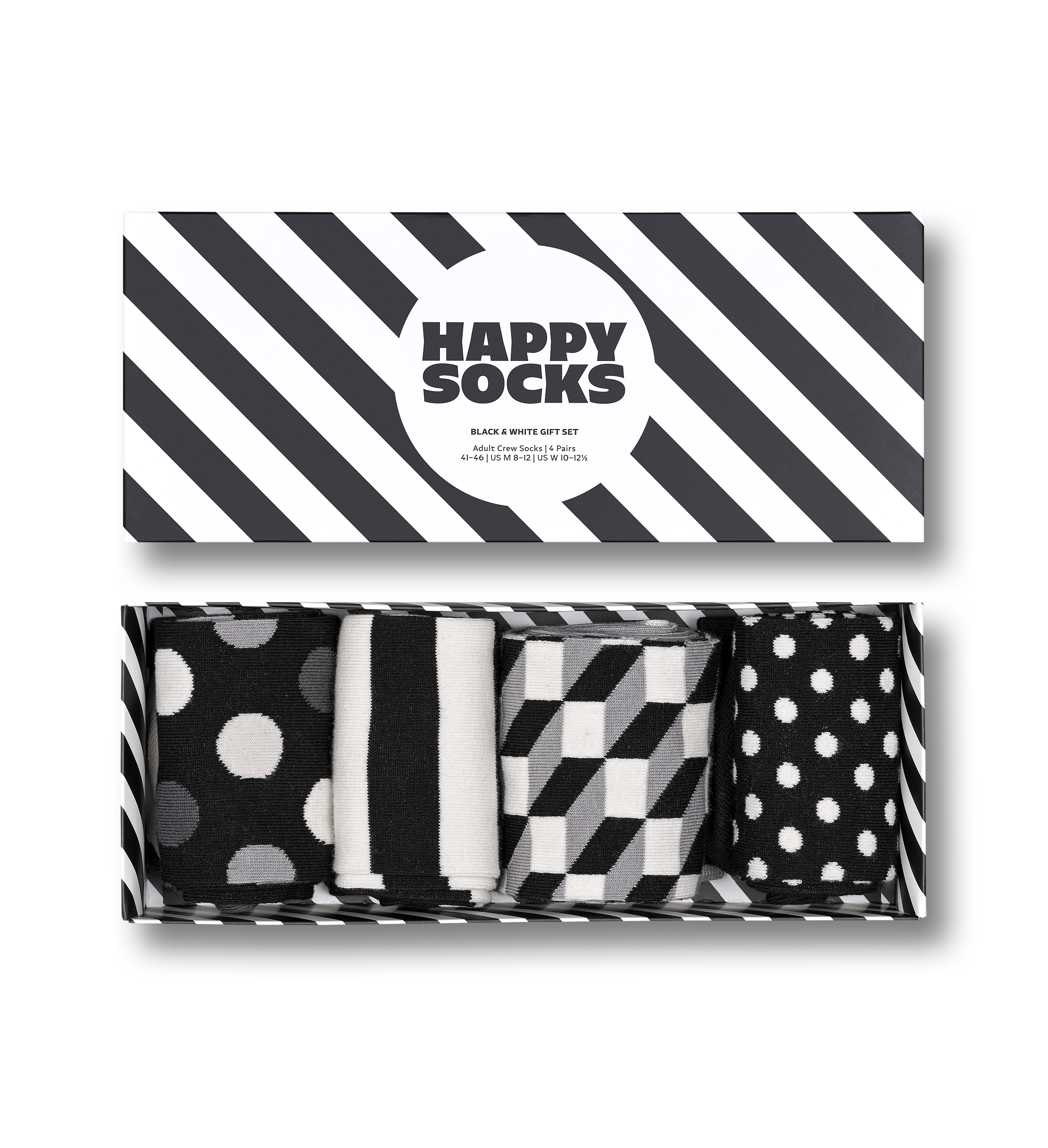 Black 4-Pack Happy Socks Set Classic Crew Gift Socks US Balck & White 