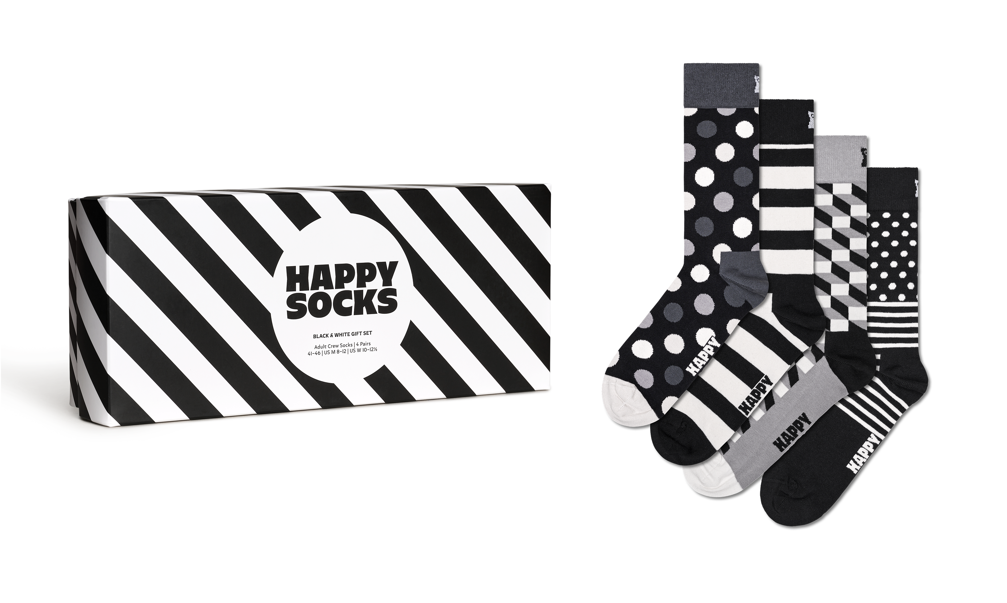 Crew Black Happy Set White Socks 4-Pack US Classic | Balck Gift & Socks
